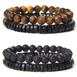 Strand Beaded Strands 2pcs/set Vintage Matte Tiger Eye Lava Stone Beads Bracelet Handmade Chakra Volcanic Prayer Energy Jewellery For Men