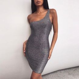Casual Dresses First Song Women's Knit One Shoulder Sexy Sling Dress 2023 Summer Tight Wrap Breast Silver Nightclub Mini XL