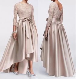 Champagne Lace Plus Size Mother of The Bride Dresses Long Sleeves Satin High Low Sashes Mother of Groom Gowns BM0830