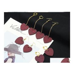 Clip-On Screw Back Korean Wooden Heart With Lovers Dangling Earrings Women Wood Wine Red Hearts Clip On For Ladies Fashion Sexy Je Ot5Fb