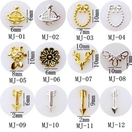 Nail Art Decorations 10Pcs/Lot Japan Gold Silver Planet Fish Elk Arrow Bow 3D DIY Metal Alloy Deco Stickers/Charms/ Tools For ManicureNail