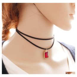 Chokers Mtilayer Black Imitation Leather Choker Necklace Gothic Chain Charm Gem Pendant Vintage For Women Fashion Jewelry Drop Deliv Otin0