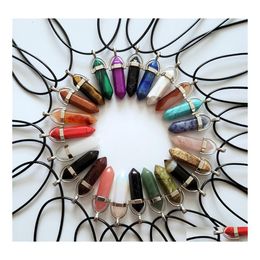 Arts And Crafts Mixed Natural Stone Crystal Pillar Charms Chakra Pendum Pendant Necklace For Woman Leather Chains Jewelr Drop Delive Dhnzy