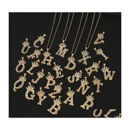 Pendant Necklaces Personalized Az Alphabet Choker Necklace Gold Rhinestone Crown Letters Women Men Hip Hop Jewelry P335Fa Drop Deliv Dh6Ma