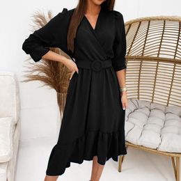 Casual Dresses Elegant Office Lady Shirt Womens Fashion Pure Color V Neck Slim Body Wrap Hips Long Dress With Belt Vestidos Robe FemmeCasual