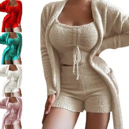 Women's Tracksuits Ladies Short Sets Top Shorts Coat Solid Color Plush Waist Tight Three-piece Temperament Elastic Thick Sleepwear Set For S