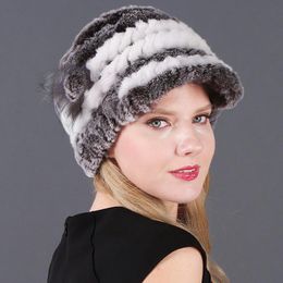 Beanies Beanie/Skull Caps Fur Cap Hats For Women Winter Floral Real Rex Hat Elastic Warm Fashion Ladies Snow