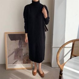 Casual Dresses 2023 Autumn Winter Solid Colour Design Japanese Style Knit Dress Women Loose Simplicity Turtleneck Long Sleeve