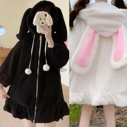 Giacche da donna Giacca invernale con cappuccio fuzzy a maniche lunghe da donna Harajuku Kawaii Ears Zip Up Cardigan Coat Felpa con volant caldi CapispallaDonna da donna