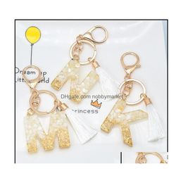 Key Rings Jewellery Gold Colour Letters Keychain With White Tassel Az 26 Chain Handbag Charms Plastic Crystal Pendant Ring Gifts Drop De Dh4Jq