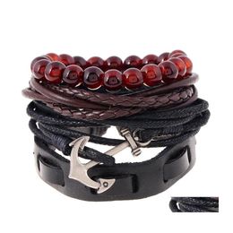 Charm Bracelets Retro Mtilayer Leather For Man Wooden Beads Bracelet Handmade Anchor Wrap Jewelry Drop Delivery Otqgb