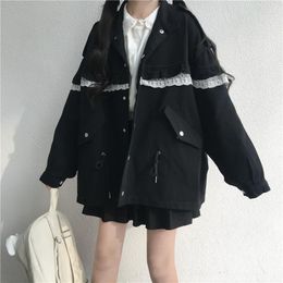 Women's Jackets Cargo Jacket Gothic Female Japanese Preppy Style Lace Stitching Cardigan Vintage Harajuku Casual Loose Punk Hip-hop Outerwea