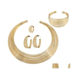 Wedding Jewellery Sets Fashion Dubai Gold Plated Nigerian African Beads Opened Cuff Necklace Bangle Earrings Ring Party Statement Set Dhvqa