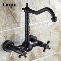 Bathroom Sink Faucets Faucet Wall Mounted Black Oil Brushed Basin Brass Dual Handle Mixer Tap Cold