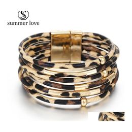 Link Chain Trendy Leopard Leather Bracelets For Women Blink Copper Beads Wraped Mtilayer Magnetic Clasp Bracelet Wholesale Jewellery Dh1Lu