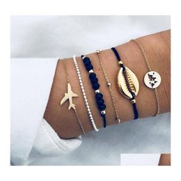 Charm Bracelets 6Pcs/Lot Bohemian Sea Shell Set For Women Gold Aircraft Map Crystal Beads Chains Bangle Female Fashion Boho Drop Del Otjsk