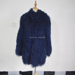 Women's Fur & Faux SJ001-01 Dark Blue Fashionable S-XXXXL Sheep Wool Coat Long Hair For Woman Overcoat Winter