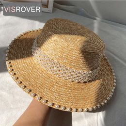 Wide Brim Hats Natural Colour Straw Hat Flat Top Caps Pearl Hip Hop For Women Summer Cap Beach Pearls Sun Fishman Gift