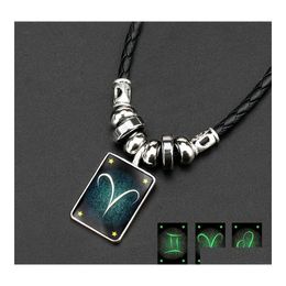 Pendant Necklaces Luminous 12 Zodiac Sign Glow In The Dark Constellation Obsidian Leather Rope Chains For Women Men Fashion Jewelry Ot29L