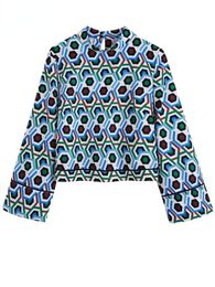 Women's Blouses & Shirts Zar 2023 Geometric Print Crop Top Woman Blue Vintage Blouse Women High Neck Wide Long Sleeve Female Elegant