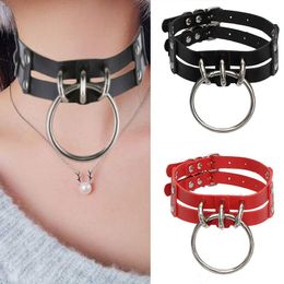 Choker Egirl Leather Chokers For Women Harajuku Punk Style Big Circle Pendant Double Rows Necklace Black Sexy Night Club Accessory