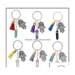 Key Rings Jewellery Hamsa Hand Fatima Keychain Tassel Hexagonal Prism Chakra Natural Stone Evil Eye Crystal Pendant Charm Keyrings Cha Dhnpn