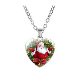 Pendant Necklaces Merry Christmas Heart Shape Necklace For Women Men Reindeer Tree Santa Claus Bell Snowman Chains Fashion Festival Otasl