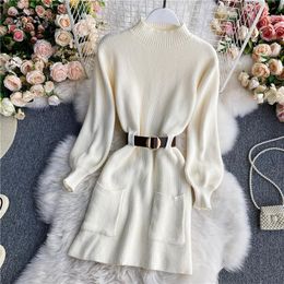 Casual Dresses Belt Knitwear Pollover Jumper Warm Sweater Dress Women 2023 Thick Solid Knitted Winter Korean Woman Vestido Mini