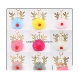 Key Rings Jewellery Fur Pom Keychain Fake Rabbit Hair Ball Porte Clef Pompom De Fourrure Fluffy Bag Charms Christmas Antler Keyring Dr Dhftu