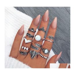 Band Rings Fashion Jewelry Ancient Sier Knuckle Ring Set Opal Crown Flower Elephant Stacking Midi 13Pcs/Set Drop Delivery Dhtbl