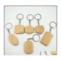 Key Rings Jewellery Diy Blank Wooden Chain Ring Holder Fashion Wood Round Heart Pendant Keychain Personalised Engraved Name Charms Key Dh4Wo