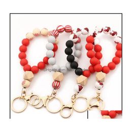 Key Rings Jewellery 12 Colours Christmas Halloween Wooden Bead String Bracelet Xmas Keychain Food Grade Sile Beads Bracelets Women Girl Dhf1Z