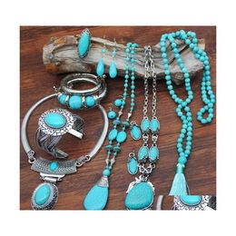 Earrings Necklace Fashion Vintage Natural Turquoises Stone Pendant Bracelet Ring For Women Tassel Sweater Chain Boho Jewellery Set 5 Dhc7K