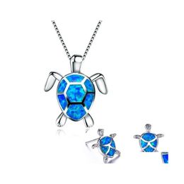 Earrings Necklace 925 Sterling Sier Cute Turtle Pendant And Blue Fire Opal Filled Female Wedding Animal Jewelry Set 117C3 Drop Del Dhqif