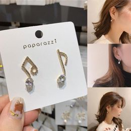 Stud Earrings Gold Color Music Notes Shining Rhinestone Musical Fans Asymmetric For Women Fashion Jewelry