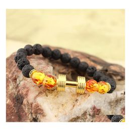 Beaded Strands Arrival Lava Rock Beads Bracelets With Gold Dumbbell Amber Lampwork Glass Stretch Bangle For Women Men Fashion Jewel Otwgk