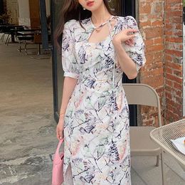 Party Dresses 2023 Summer Short Sleeve French Vintage Midi Dress Women Floral One Piece Korean Design Elegant Female Office Lady