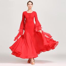 Stage Wear 2023 Red Ballroom Dance Dress Flare Sleeves Big Swing Dresses Women Waltz Tango Performance/Practice Costumes