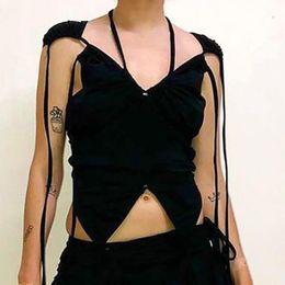 Women's Tanks & Camis Goth Y2k Punk Bandage Women Sexy Tank Tops Cyber Gothic Drawstring Bodycon Crop Black Patchwork E-girl Sleeveless Tees
