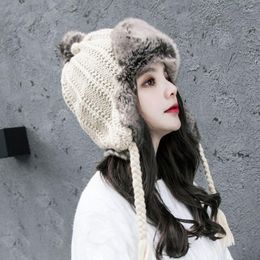 Berets Women Russian Ushanka Winter Fleece Wool Knit Bomber Hat Beanies With Faux Fur Pompom Windproof Warm Trapper Snow Ski Cap