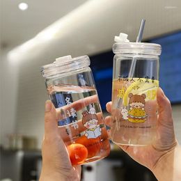 Wine Glasses Cartoon Transparent Water Bottle Straw Milk Tea Bottles For Girls Heat-resistant Glass Drinking Sealed Cup