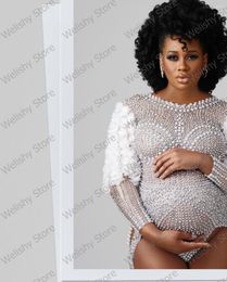 Casual Dresses Arrival Luxury Beads Diamond Tulle Dress For Maternity Women Po Shoot Sexy Full Sleeve Suit South Africa Pageant Gowns