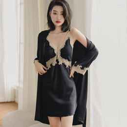 Women's Sleepwear Sexy 2PCS Robe Sets Female V-Neck Faux Silk Sleeping Gowning Lounge Bathrobe Sling Nightdress Lace Sweet Wedding Nightwear