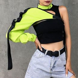 Women's Tanks Women One Shoulder Reflective Crop Top Choker Buckle Irregular T-Shirt Shrugs MXMA