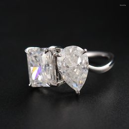 Cluster Rings 14K Au585 White Gold Ring Matching Band Wedding Anniversary Engagement Party Radiant & Pear Moissanite Diamond Elegant