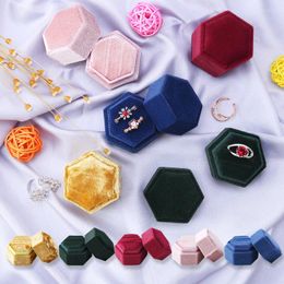 Jewelry Pouches Hexagon Shape Velvet Box Double Ring Storage Wedding Display For Woman Gift Earrings Packaging 5 Colors