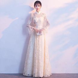 Ethnic Clothing Champagne Fashion Chinese Lace Short Cheongsam Dress Embroidery Long Sleeve Chinoise Oriental Style Dresses Qi Pao Size