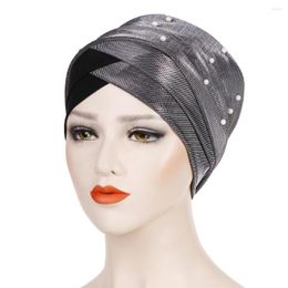 Ethnic Clothing Fashion Hats Forehead Cross Stretch Beaded Inner Hijabs Female Headscarf Bonnet With Wraps Women Turban Caps