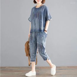 Women's Tracksuits Blue Denim Suit Loose Summer Women Cowboy 2 Piece Set Floral Embroidery Top And Pant Suits Casual Outfits Y700