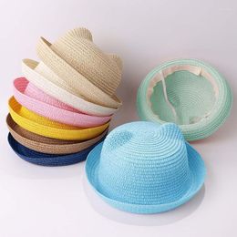 Wide Brim Hats Cute Baby Solid Colour Hat With Ears Summer Straw Girl Boy Kids Cap Children Sun Protection SunbonnetBeach Scot22